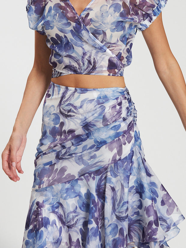 Floral Print Ruched Ruffles Skirt