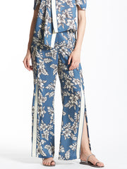 Floral Printed Straight Leg Pants with Striped Trimmings