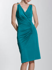 Surpliced Neckline Ruched Dress with Metal Ring Details
