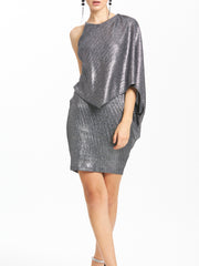 Metallic Foiled Knit Asymmetric Sleeve Layered Short Dress