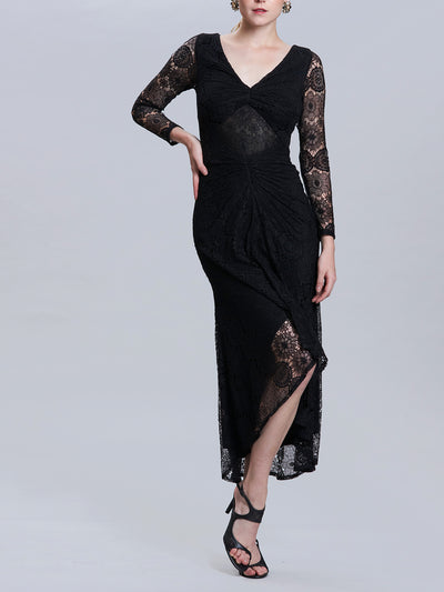 Long Sleeves Ruched Lace Dress
