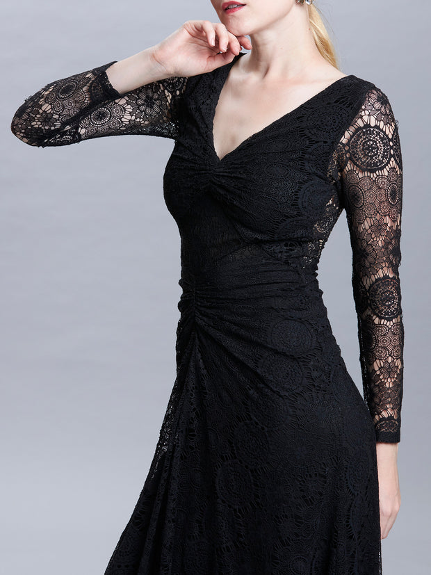Long Sleeves Ruched Lace Dress