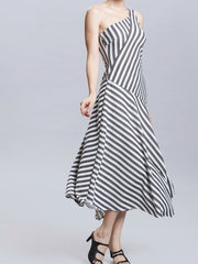 One Shoulder Midi Dress in Striped Motif Knit