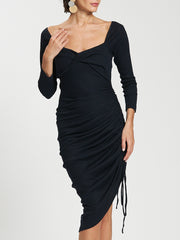 Ribbed Knit Square Neck Ruched Midi Dress