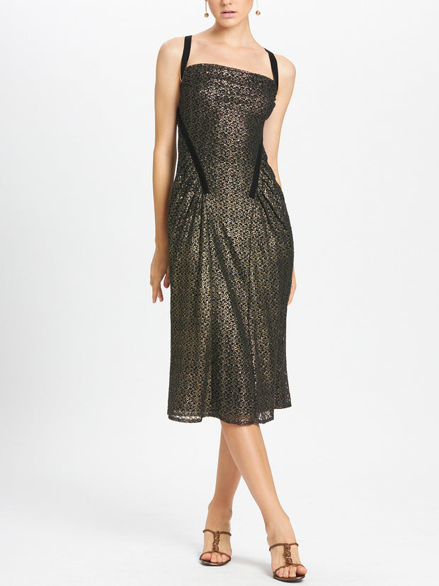Cowl Neck Midi Lace Dress With Ruched Details