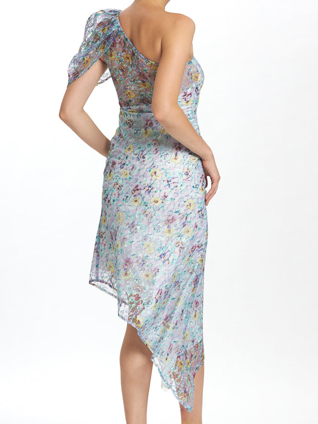 Printed Lace One Shoulder Asymmetric Dress