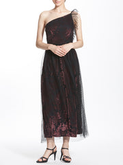 One Shoulder Calf Length Dress Layered with Polka Dots Tulle