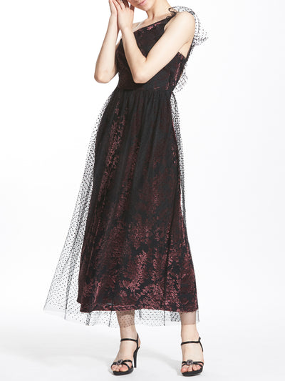 One Shoulder Calf Length Dress Layered with Polka Dots Tulle