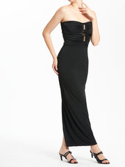Strapless Ruched Front Long Column Dress With Gold Buckle