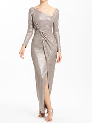 Metallic Foiled Knit Long Sleeves Twisted Wrap Dress