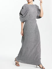Puffy Sleeves Low Back Column Dress In Metallic Pleated Knit