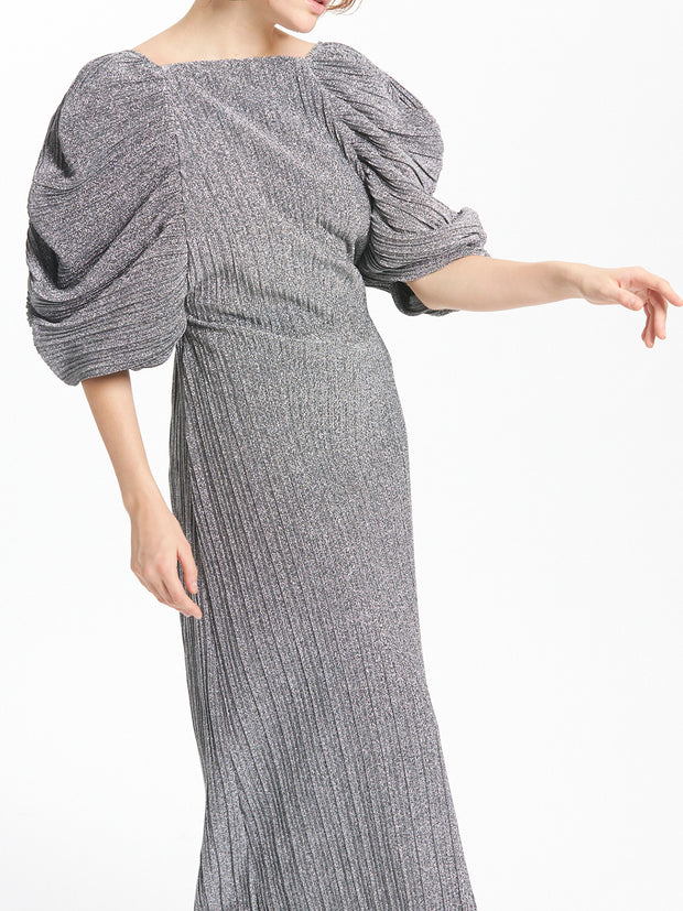 Puffy Sleeves Low Back Column Dress In Metallic Pleated Knit