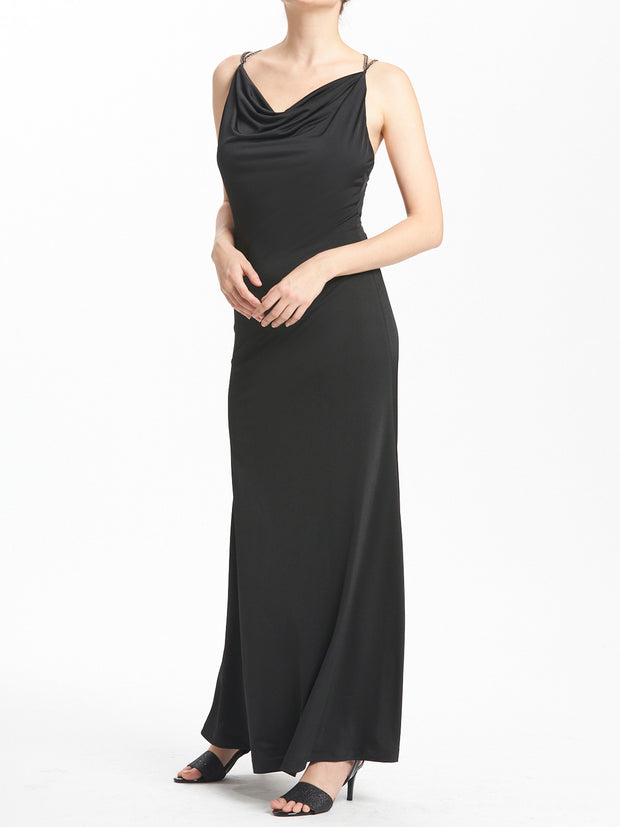 Drape Front Low Back Long Dress With Chain