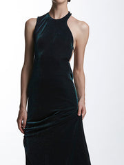 Asymmetric Shoulder Metallic Jersey Long Column Dress