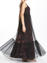 Square Neck Long Tiered Dress with Polka Dots Tulle