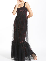 Square Neck Long Tiered Dress with Polka Dots Tulle