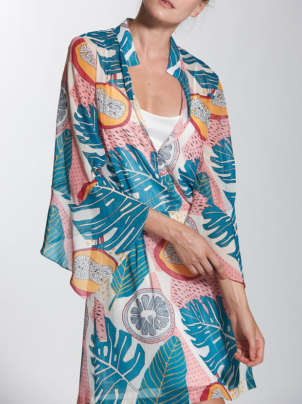 Tropical Printed Flare Shirt Dress in Crinkled Chiffon