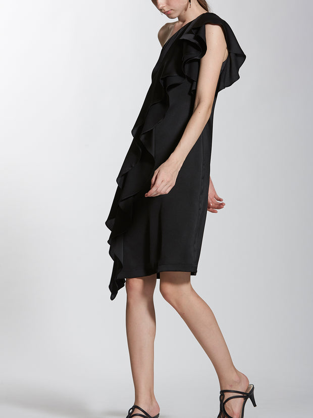 One Shoulder Shift Dress with Flounce Detail
