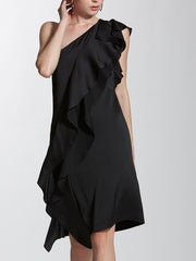 One Shoulder Shift Dress with Flounce Detail