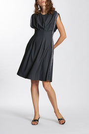 Cap Sleeves Pleated Knee Length Dress with Fringed Trimmings