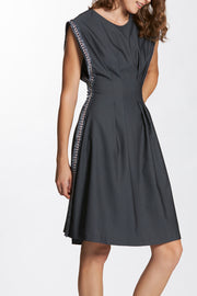 Cap Sleeves Pleated Knee Length Dress with Fringed Trimmings