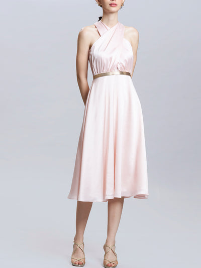 Cross Neck Knee Length dress with Gold Strap