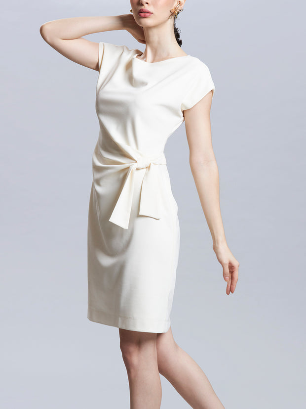 Cap Sleeves Pleated Shift Dress With Tie Sash