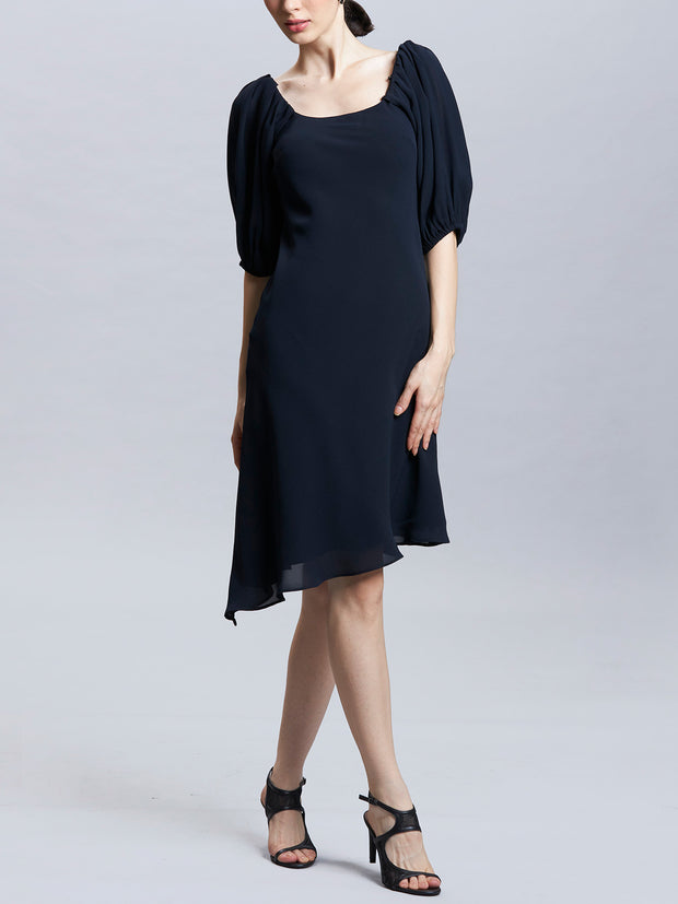 Square Neck Bias Cut Short Dress With Detachable Sleeves