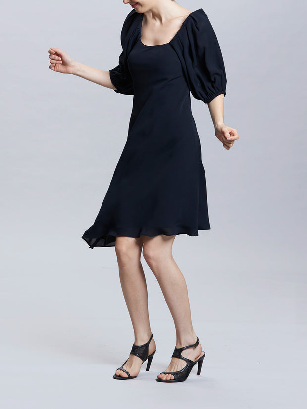 Square Neck Bias Cut Short Dress With Detachable Sleeves