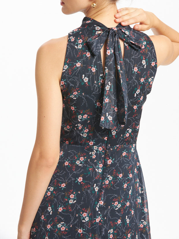 Floral Print Cut In Shoulder High Collar Flounce Dress