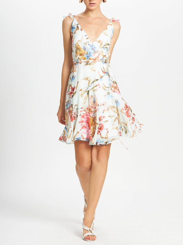 Floral Print Flounce Shoulder Wrap Front Dress
