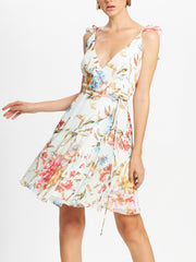 Floral Print Flounce Shoulder Wrap Front Dress