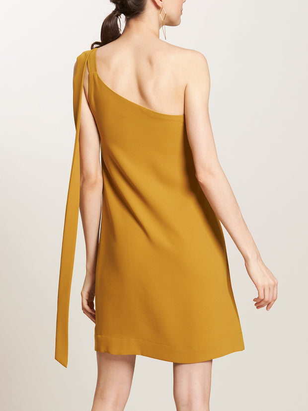 One Shoulder Overlapped Shift Dress with Tie Sash