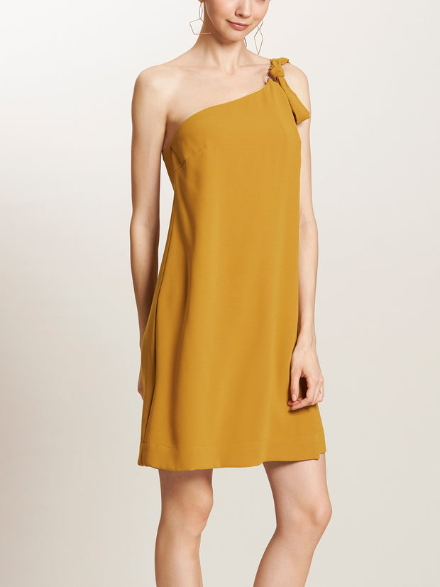 One Shoulder Overlapped Shift Dress with Tie Sash