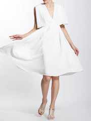 Surplice Neck Pleated Knee Length Dress with Flap Sleeves Details