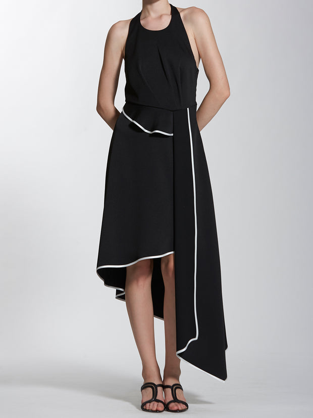 Halter Neck Wrap Front Dress with Contrast Color Piping