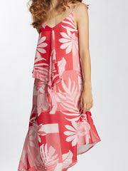 Geometric Floral Printed Plunge Neck Camisole Asymmetric Dress