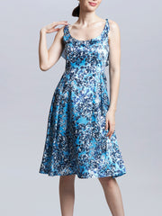 Floral Print Tank Neck Pleated Dress with Flounce Detail
