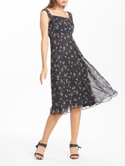 Floral Print Square Neck Cap Sleeves Mid Length Dress