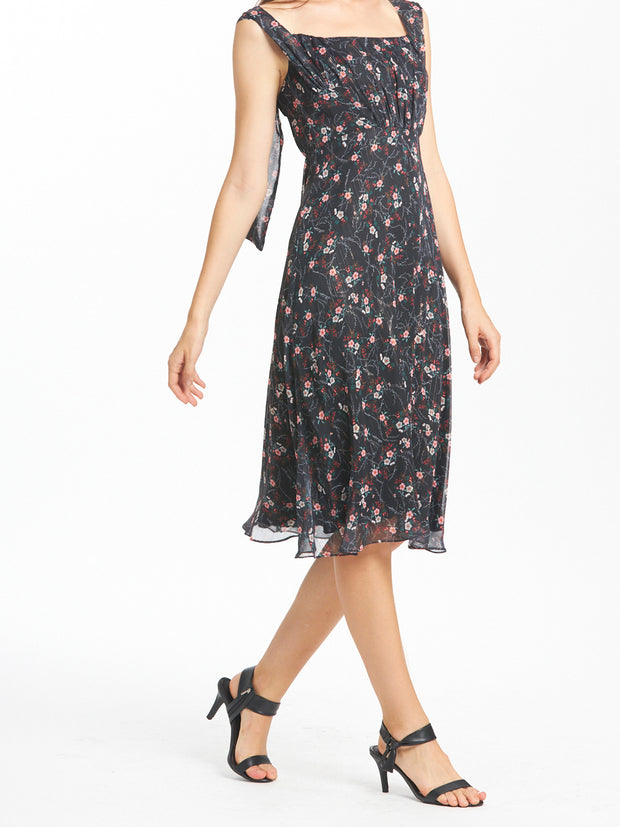 Floral Print Square Neck Cap Sleeves Mid Length Dress