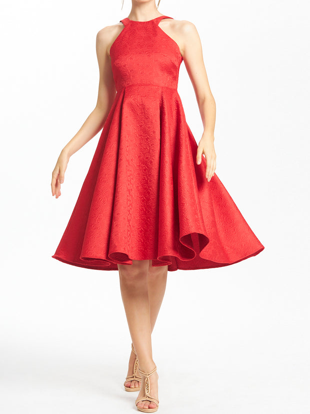 Cut-in Shoulder Pleated Knee Length Dress