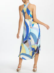 Geometric Print Halter Neck Mid Length Dress