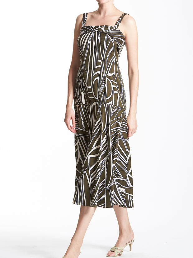 Geometric Printed Square Neck Calf Length Dress