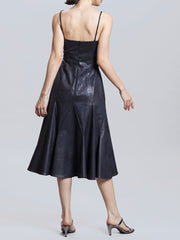 Leather Texture Camisole Paneled Midi Dress