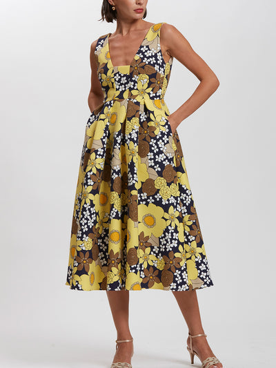 Floral Print Square Neck Pleated Dress
