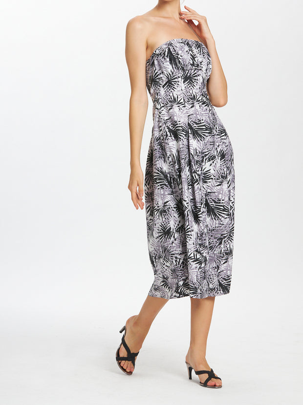 Palm Print Strapless Pleated Mid Length Dress