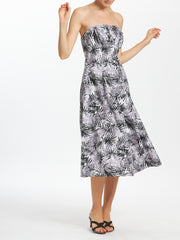 Palm Print Strapless Pleated Mid Length Dress