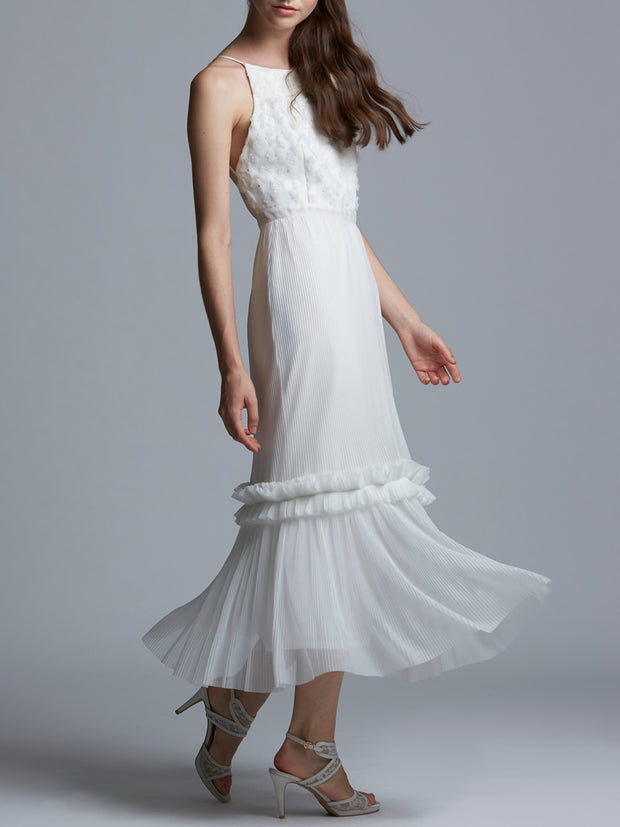 Ruffles Tiered Long Dress with Floral Appliqué Bodice