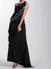 Halter Neck Long Flounced Dress with Contrast Color Piping