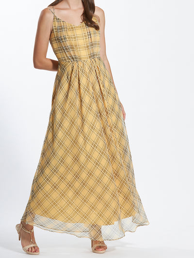 Camisole Long Gathered Dress In Plaid Pattern